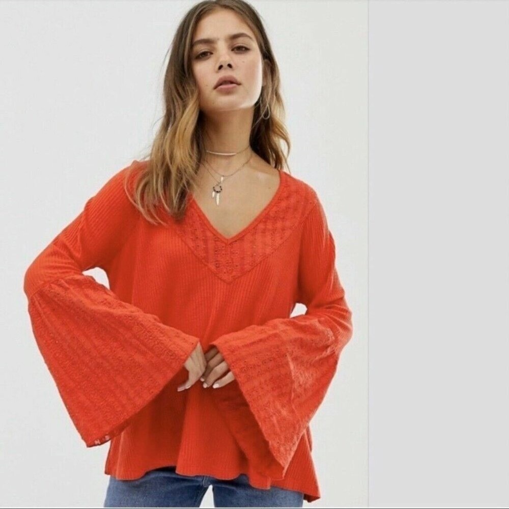 NWT Free People Parisian Nights Bell Sleeve Ribbed Tee Size XS
